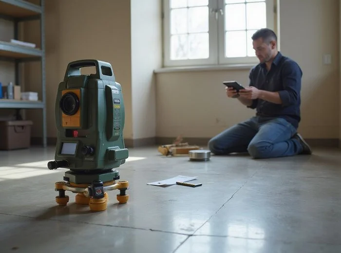 Relative elevation readings being recorded on an interior floor