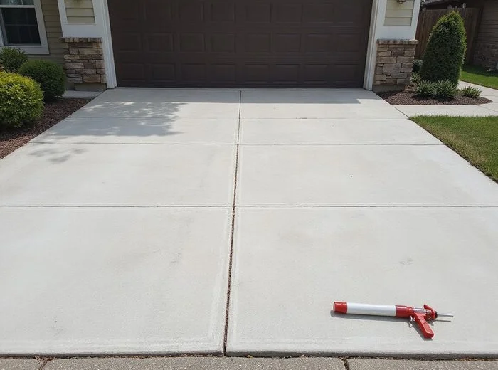 Level driveway panels after lifting with patched ports and sealed joints