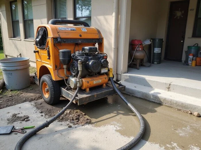 Mudjacking slurry pump and hose beside a settled slab