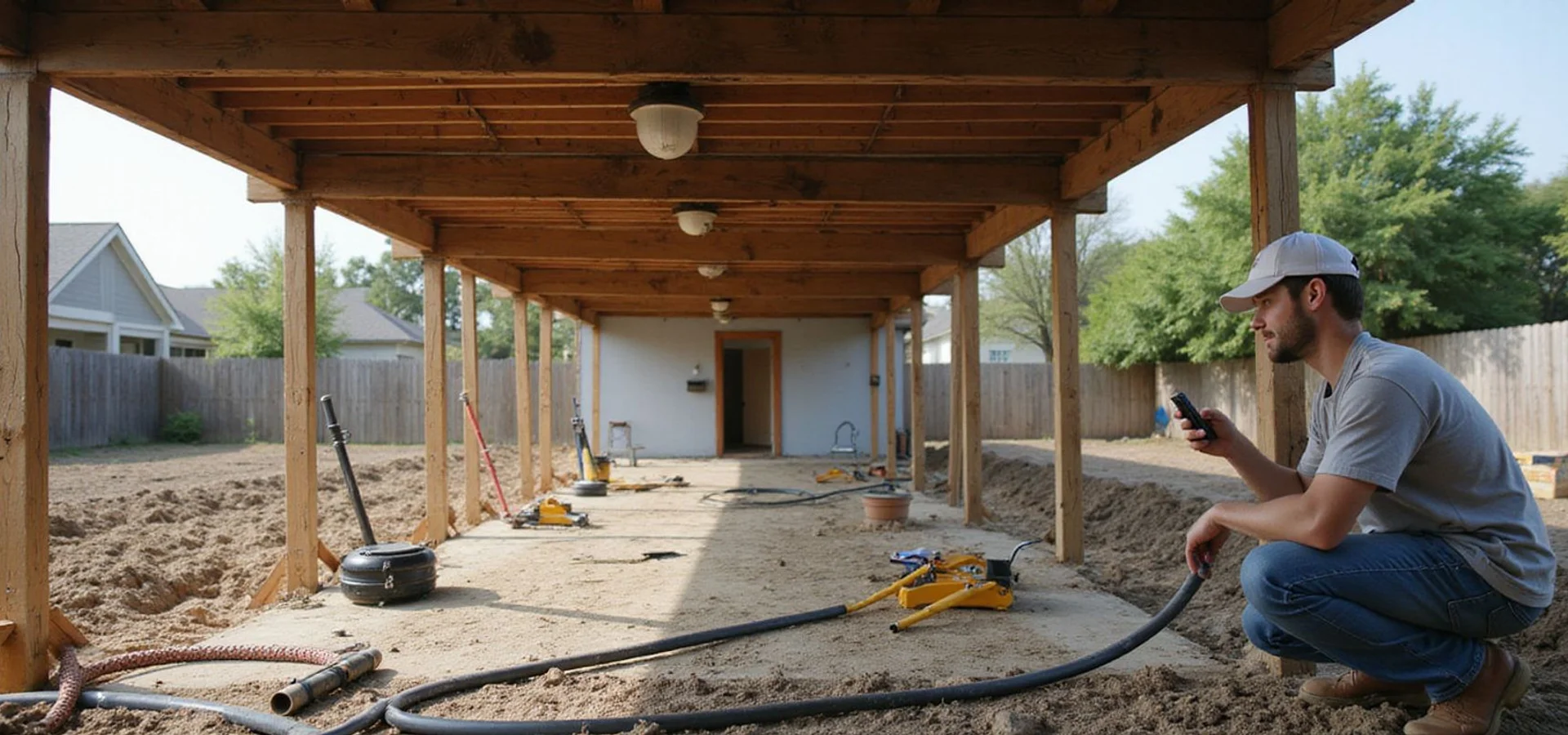 Multi-point hydraulic lift underway at a Houston home with jacks staged along a beam line