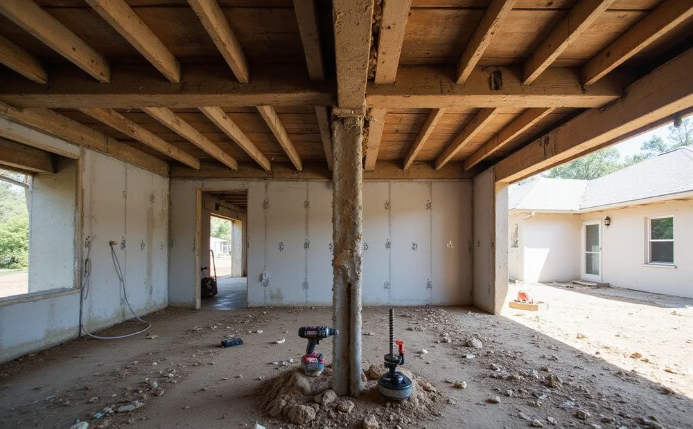 New sistered beam bolted alongside an older girder with a screw jack in place