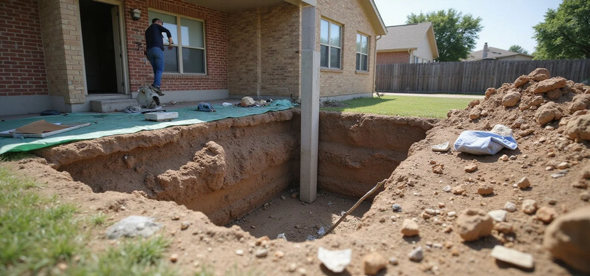 Technician setting a pressed concrete piling in an excavation beside a Houston home's slab edge