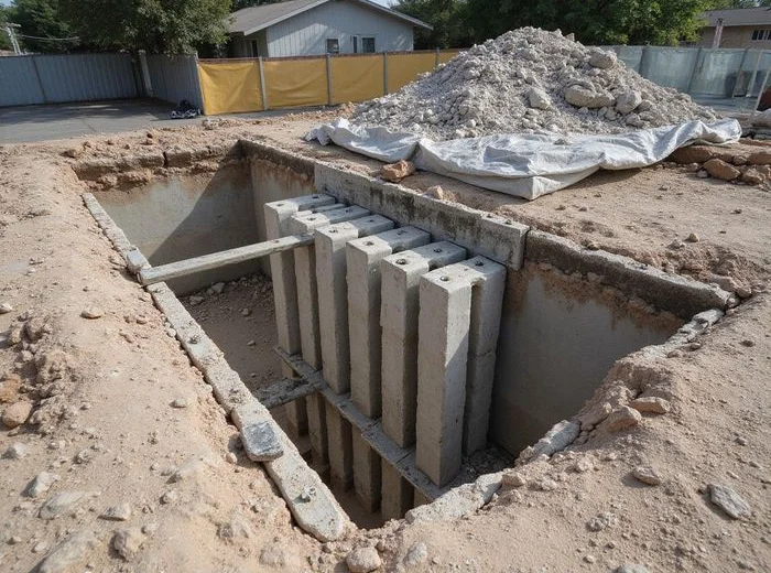 Pressed concrete piling installation at a slab perimeter