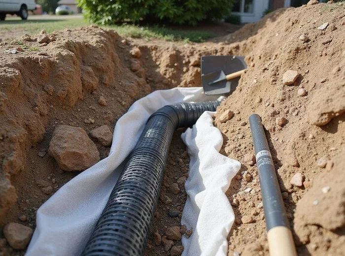 Perforated drain pipe bedded in washed gravel with filter fabric