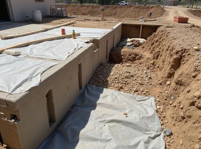 Perimeter excavation exposing a grade beam at a Houston slab home