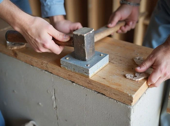 Permanent shim pack being set between a pier cap and beam after the lift
