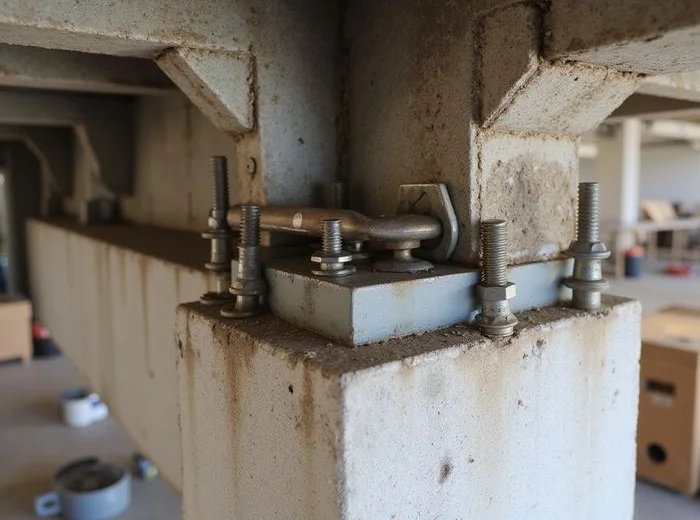Pier bracket and cap assembly bolted to a grade beam