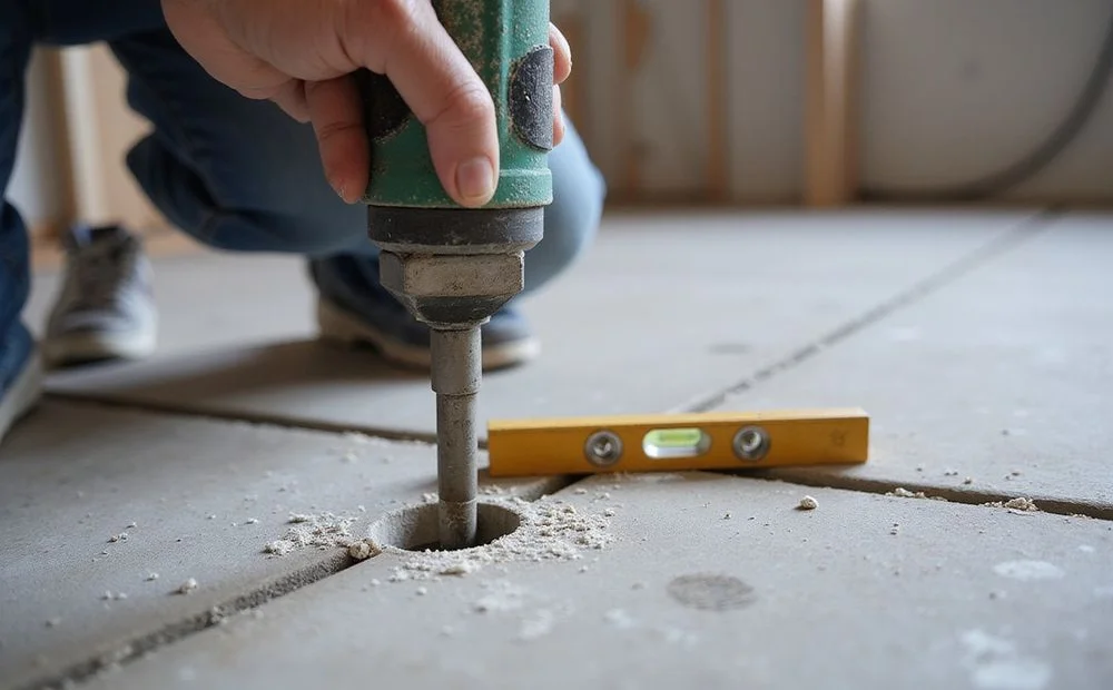 Polyurethane foam injection through a small drilled port with a level across the joint
