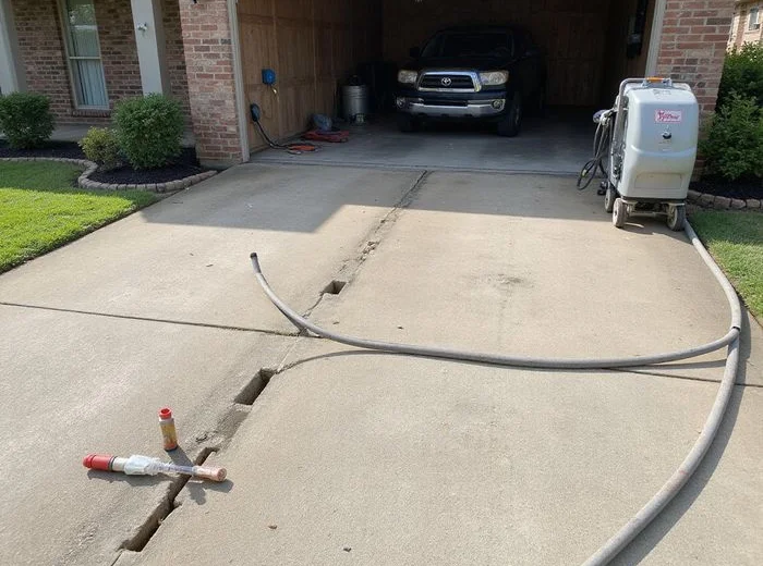 Foam jacking injection ports in a settled driveway panel