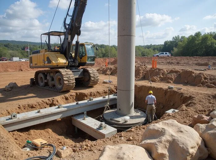 Pressed concrete piling cylinders being driven in sequence