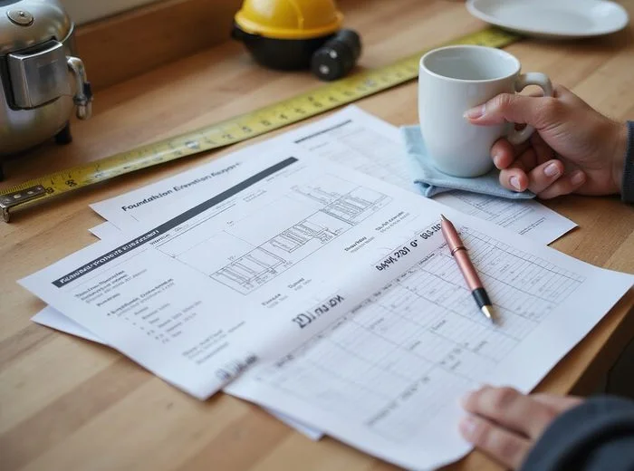Printed foundation elevation report and scope sheet on a kitchen counter