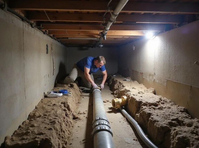 Replacement drain line being fitted beneath a slab through a tunnel
