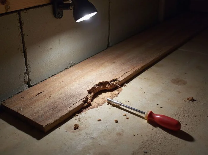 Rotted sill plate resting on a concrete pier cap in a crawl space