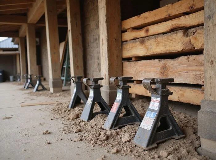 Hydraulic jacks seated beneath a beam line with cribbing stacked alongside