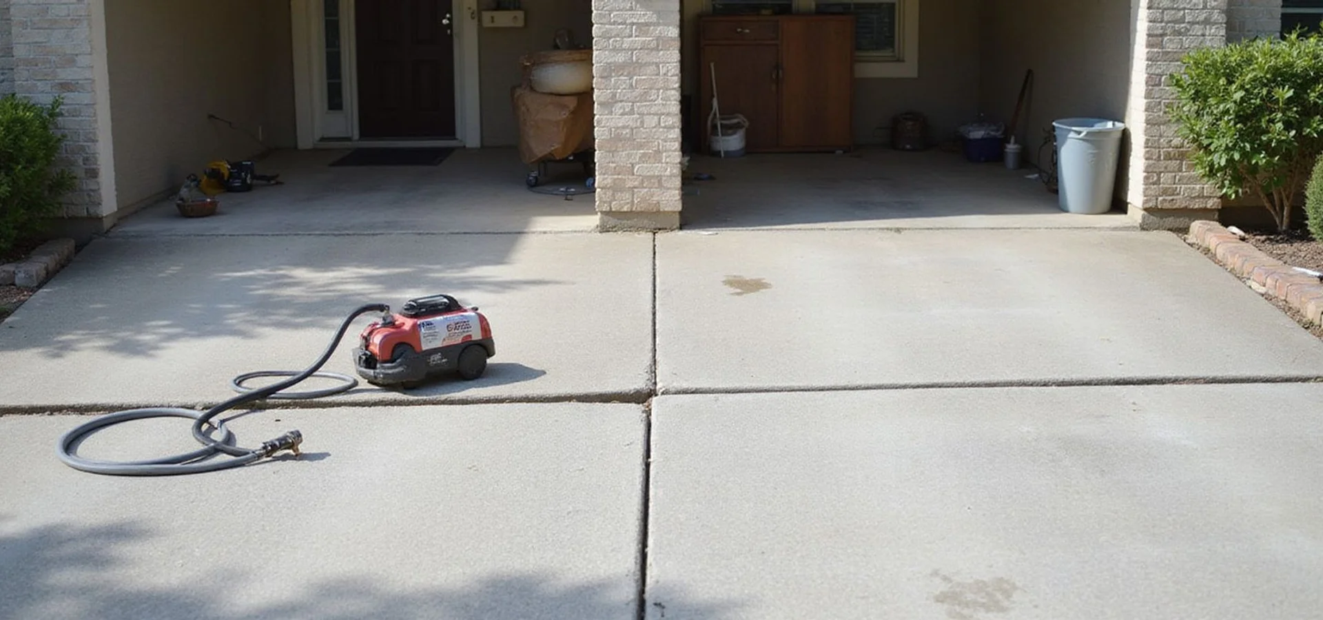 Settled concrete driveway panel with a visible lip at the joint and injection equipment staged alongside