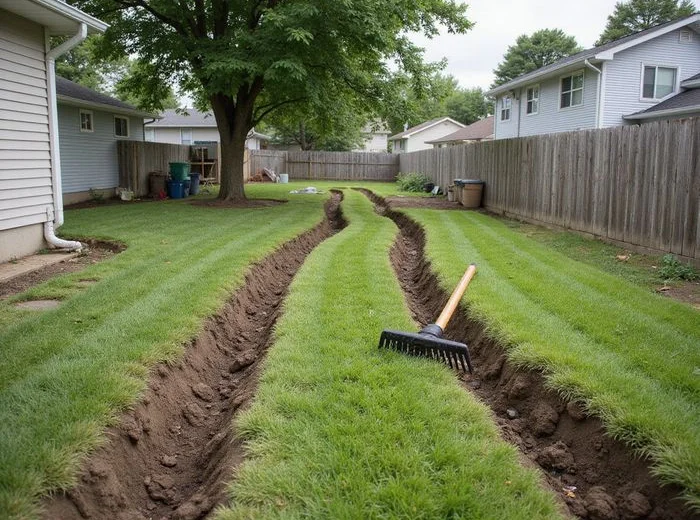 Shallow swale directing surface water away from a foundation