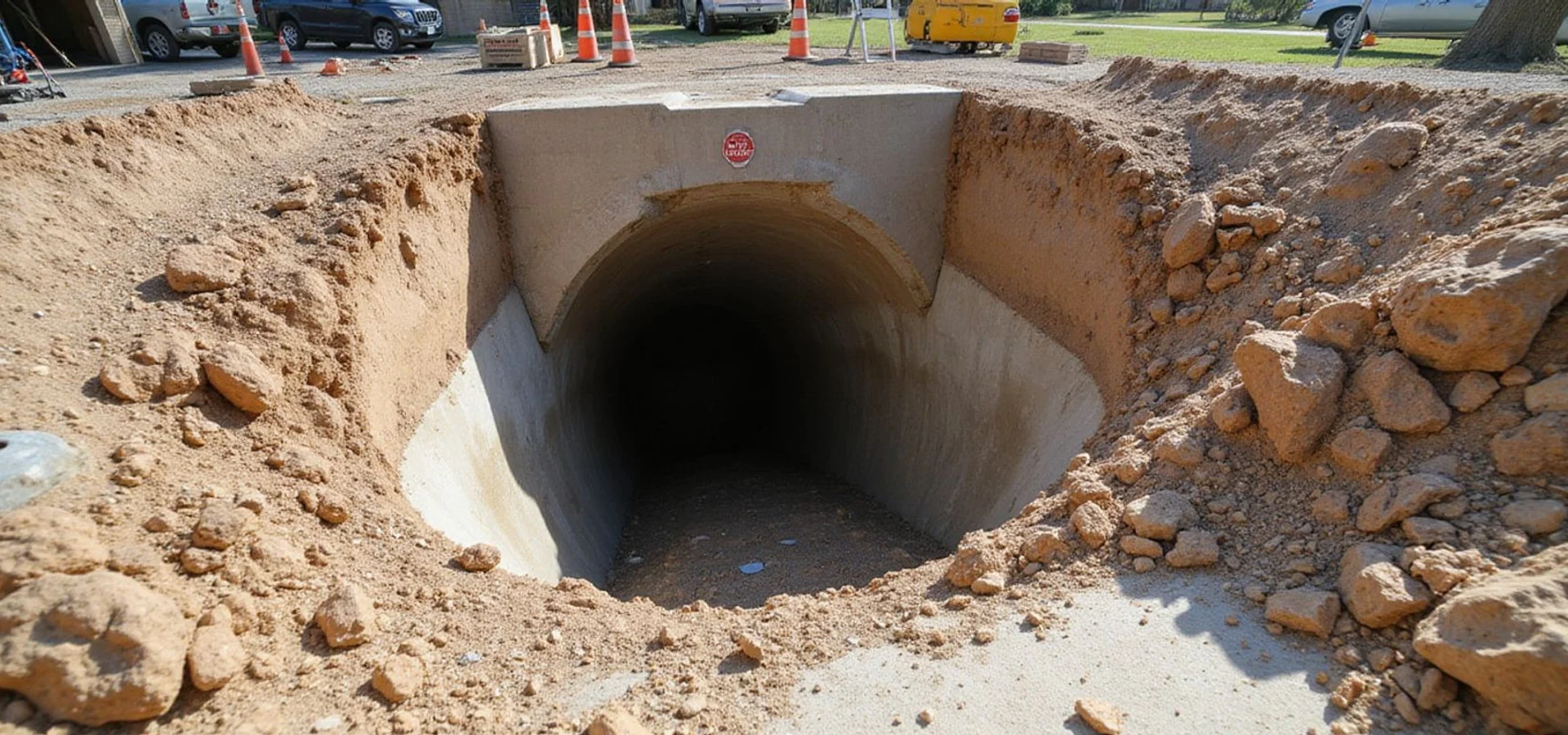 Shored access tunnel entrance excavated beside a Houston home's slab edge