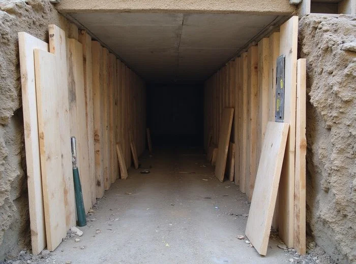 Shoring boards installed inside an excavated access tunnel