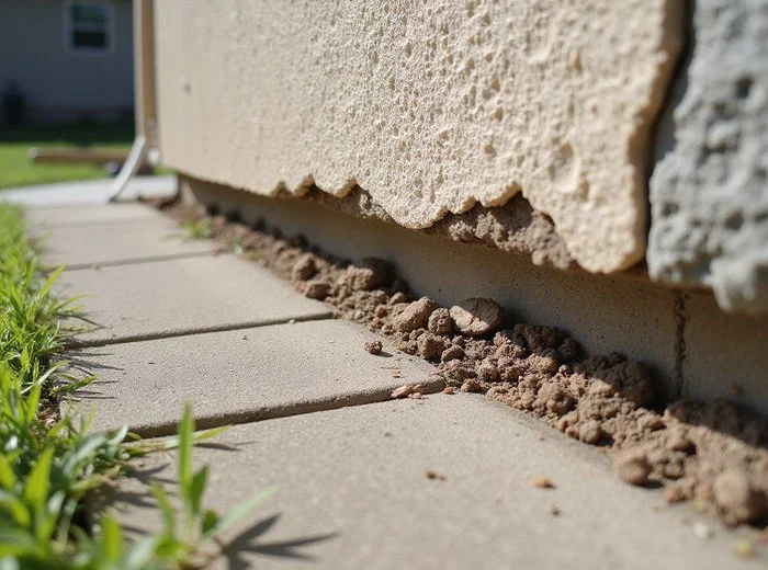 Soil pulled away from a concrete slab edge during a dry spell