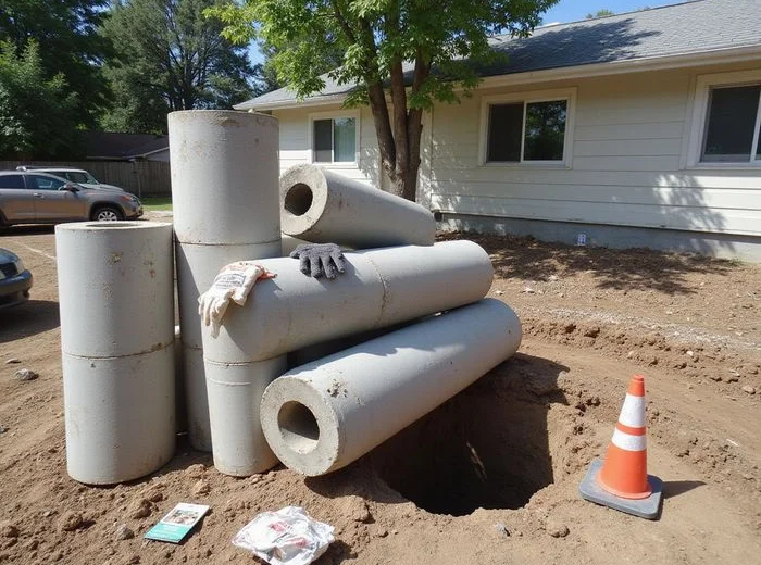 Pressed concrete piling cylinders staged beside an open pier hole