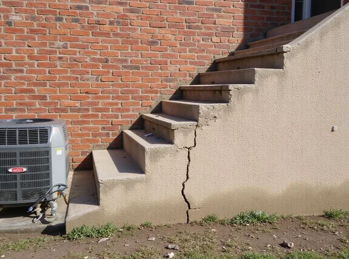 Stair-step crack following mortar joints up an exterior brick wall