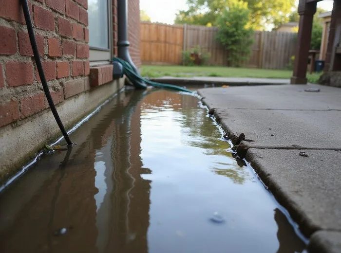 Standing water pooling against a slab edge after heavy rainfall