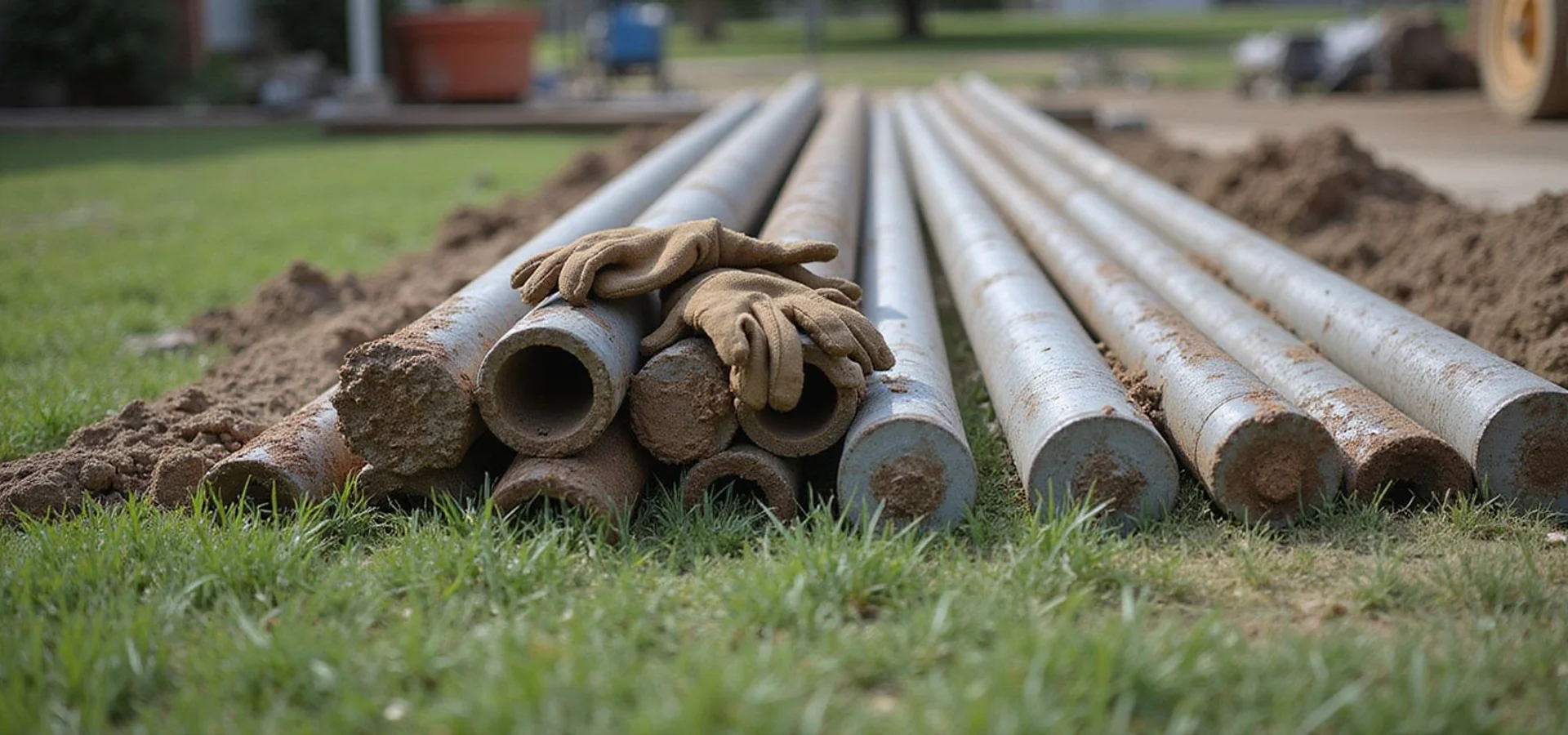 Steel pier sections and concrete piling cylinders laid side by side at a Houston work site