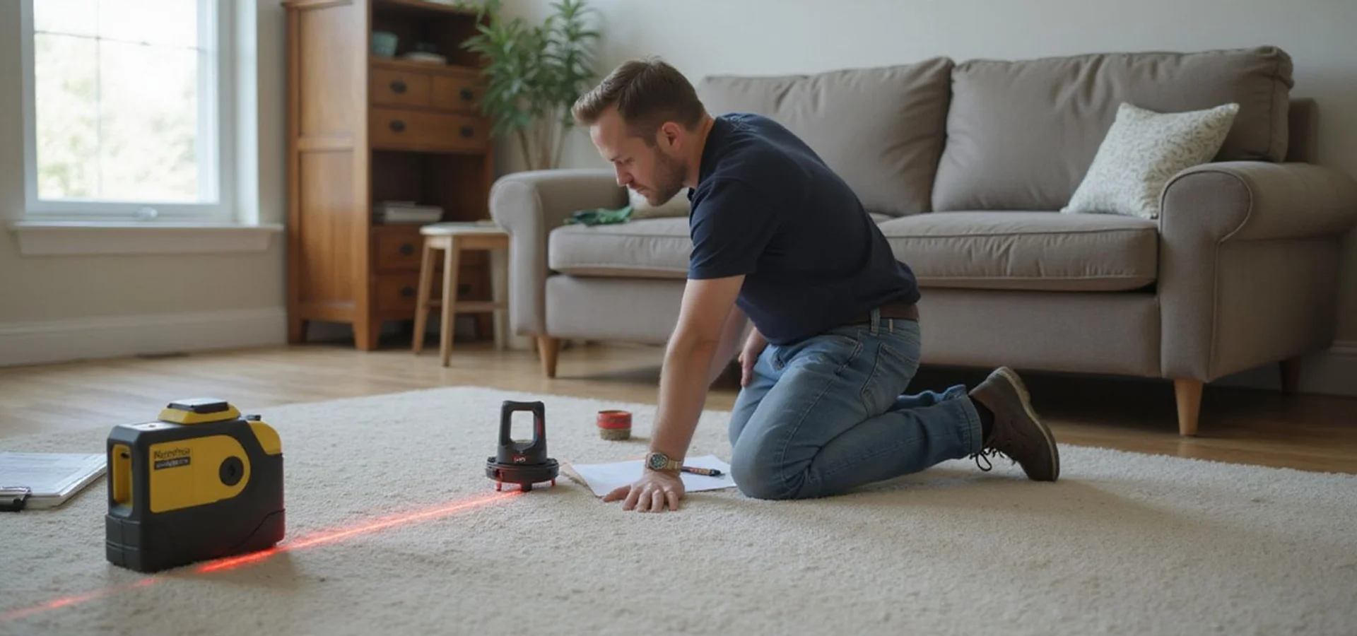 Technician taking relative floor elevation readings with a laser level in a Houston living room