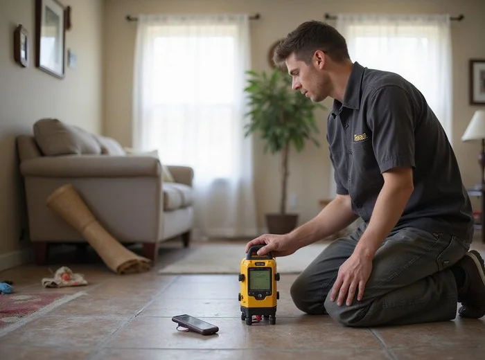 Technician taking relative floor elevation readings with a laser level in a Houston living room