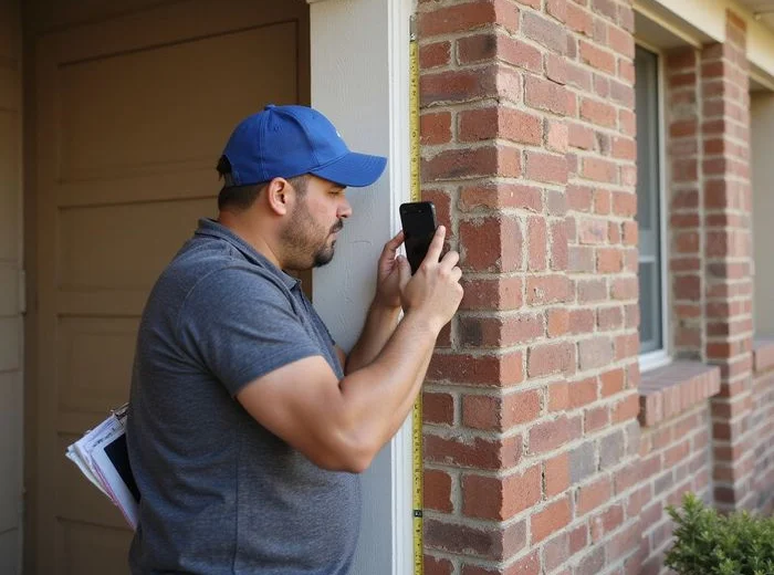 Exterior brick crack being measured and photographed during distress mapping