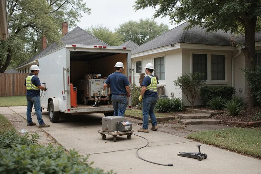 Foundation crew unloading hydraulic equipment from a trailer at a Houston residential driveway