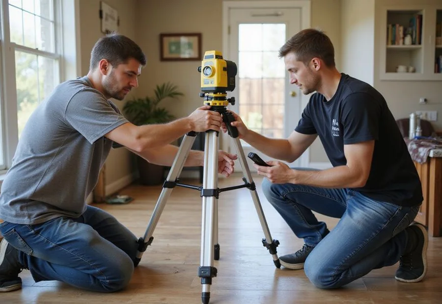 Two foundation technicians setting up a laser level in a Houston home