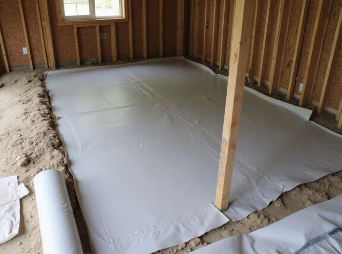Vapor retarder laid across crawl space soil with new pier pads