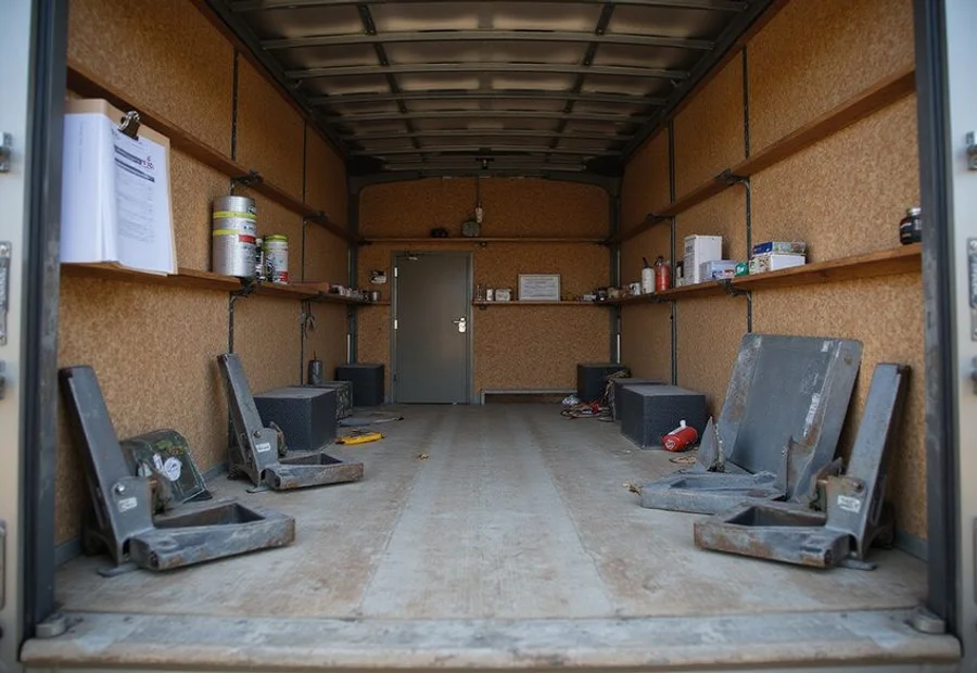 Work trailer interior with hydraulic jacks, pier sections, levels and elevation notes