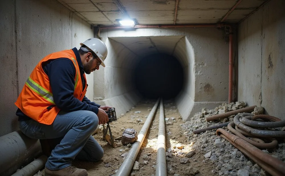 Worker coordinating a drain line replacement in a shored tunnel beneath a slab